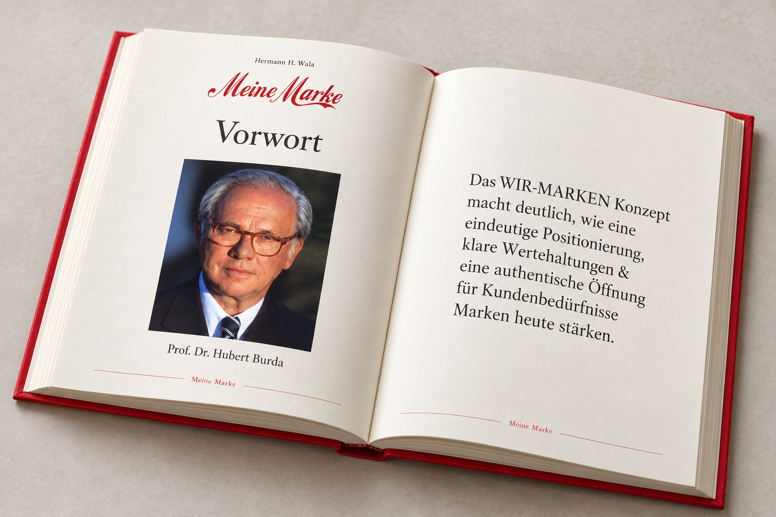 Illustrative Buchansicht: Meine Marke aufgeschlagen mit Vorwort-Zitat und Porträt von Prof. Dr. Hubert Burda